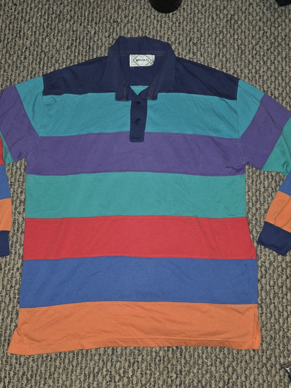 Men's Long-Sleeve Multicolor Striped Polo - Navy Collar
